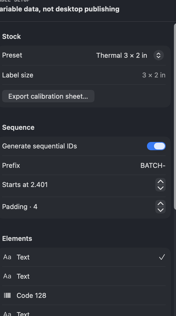 LabelBatch inspector with thermal stock, sequential ID and label elements